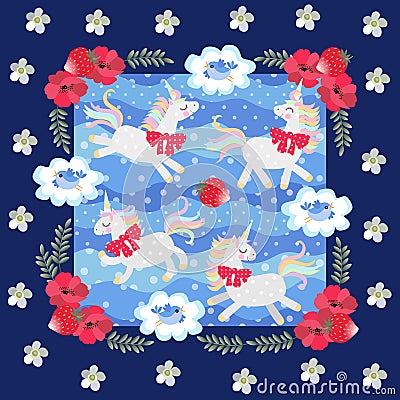 Cute cartoon unicorns and little blue birds on blue polka dot background in beautiful floral frame. Patchwork pattern for baby Vector Illustration