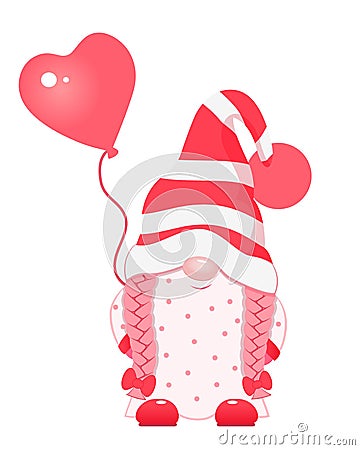 Cute cartoon valentine gnome with heart balloon Vector Illustration