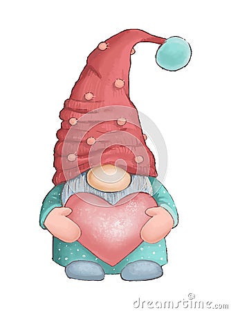 Cute cartoon valentine gnome holding the heart Vector Illustration