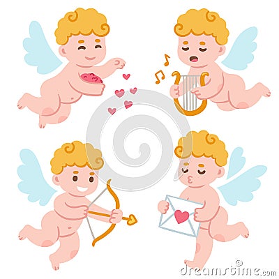 Cute cartoon Valentines Day cupid set Vector Illustration