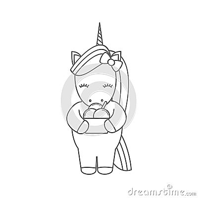 Cute cartoon vector black and white unicorn with ice cream illustration for coloring art Vector Illustration