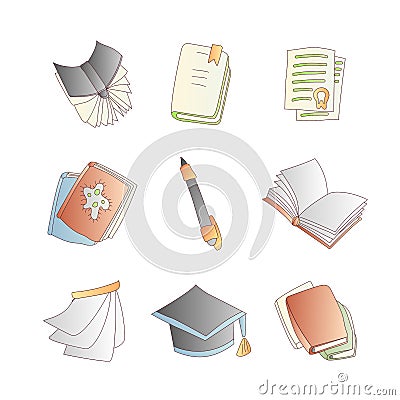 Cute cartoon vector book, notebook, calendar, diary and journal icon set with pen. Cartoon books icon collection. School Vector Illustration