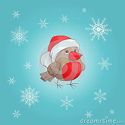 A cute cartoon vector bullfinch. New Year s and Christmas Vector Illustration