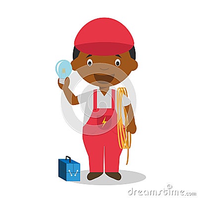 Cute cartoon vector illustration of a black or african american male electrician Vector Illustration