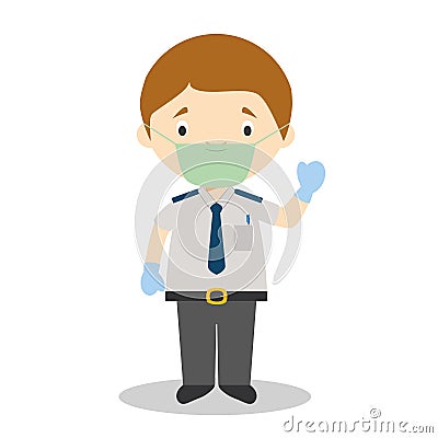 Vector illustration of a bus driver with surgical mask and latex gloves as protection against a health emergency Vector Illustration