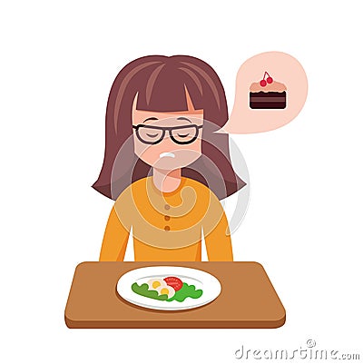 Cute cartoon vector illustration of girl sad with her dinner Vector Illustration