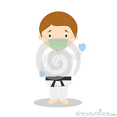 Vector illustration of a karateka with surgical mask and latex gloves as protection against a health emergency Vector Illustration