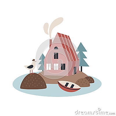 Cute cartoon vector illustration with scandinavian nordic houses, fjords, nature, sea, stones, trees, Seagull, boat Vector Illustration