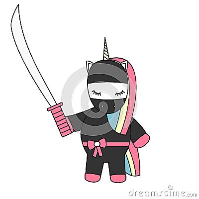 Cute cartoon vector ninja unicorn with sword Vector Illustration