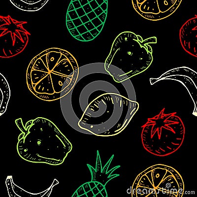 Cute cartoon vector seamless pattern with fruits and vegetables on dark background. Vector Illustration