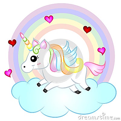 Cute Cartoon Vector Unicorn with Rainbow. Vector Illustration
