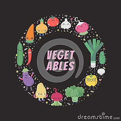 Cute cartoon vegetable circle frame illustration. Vector Illustration