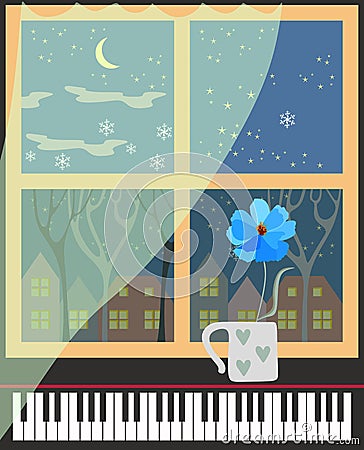 Cute cartoon vertical card with winter town landscape, transparent curtain, piano keyboards and blue cosmos flower in the mug Vector Illustration