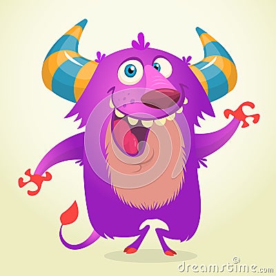 Cute cartoon violet horned and fluffy monster smiling. Halloween vector illustration. Vector Illustration