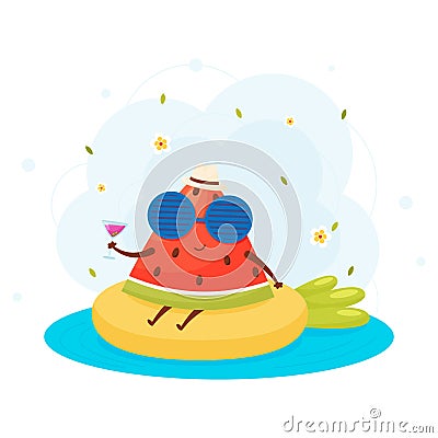 Cute cartoon watermelon character swims with cocktail Vector Illustration