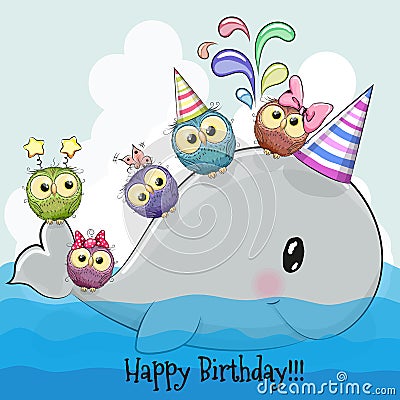 Cute cartoon whale and five owls Vector Illustration