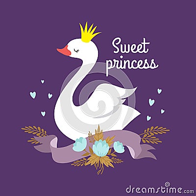 Cute cartoon white baby swan princess vector graphics for poster or girl t-shirt Vector Illustration