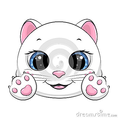 Cute cartoon white cat with paws. Vector Illustration