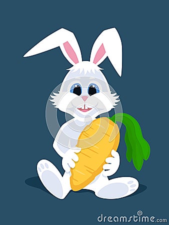 Cute cartoon White Rabbit sitting and holding a large carrot in his hand. Happy Easter Bunny for card, posters, banners. Vector Illustration