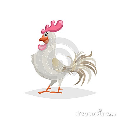 Cute cartoon white rooster. Farm animal. Good for education and kids design. Vector bird illustration Vector Illustration