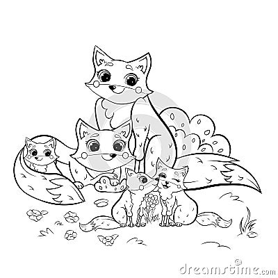 Cute cartoon wild fox family vector coloring page outline. Male and female foxes with their pups. Coloring book of forest animals Vector Illustration