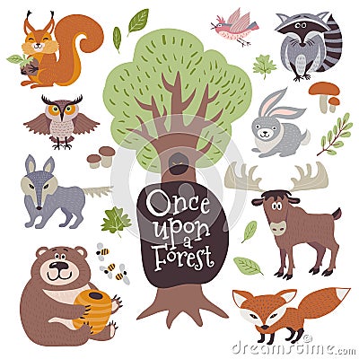 Cute cartoon and wild woodland animals and forest floral elements on white vector set Vector Illustration