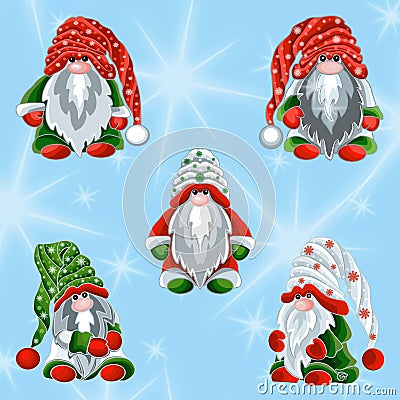 Cute cartoon winter gnomes in a caps and snowflakes. Cartoon Illustration