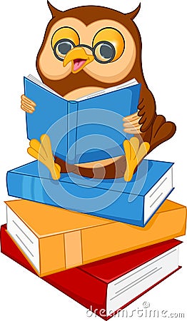 Cute cartoon wise owl read a book Vector Illustration