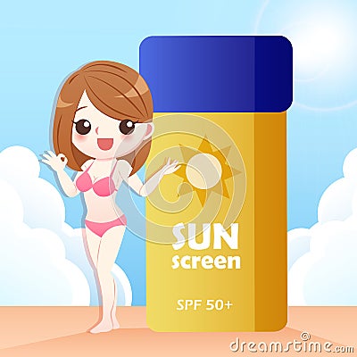 Cute cartoon woman with sunscreen Vector Illustration