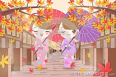 Woman wear kimono with maple Vector Illustration