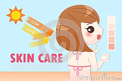 Cute cartoon woman wear sunscreen Vector Illustration