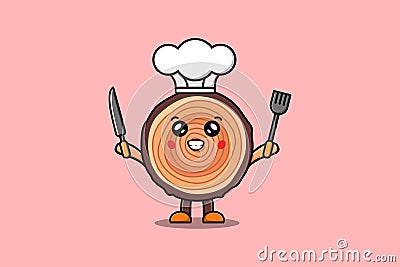 Cute cartoon Wood trunk chef hold knife and fork Vector Illustration