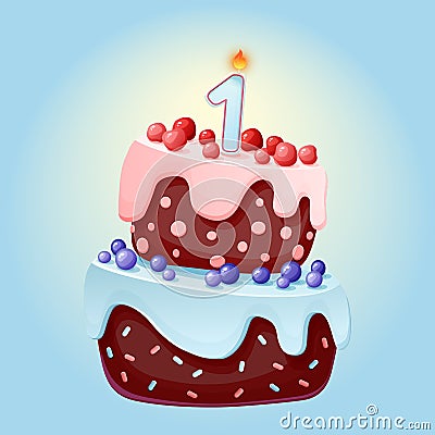 Cute cartoon 1 year birthday festive cake with one candle. Chocolate biscuit with berries, cherries and blueberries. For parties, Vector Illustration