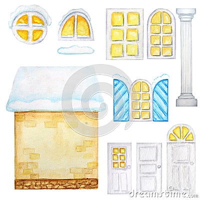 Cute cartoon yellow house, windows, doors, constructor on white background. Elements set Perfect for creating your house Cartoon Illustration