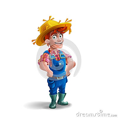 Cute cartoon young guy farmer in straw hat on white background. Vector Illustration