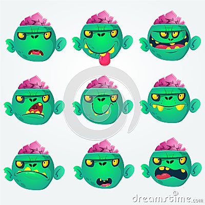 Cute cartoon zombie head scary spooky emotion icons set Vector Illustration