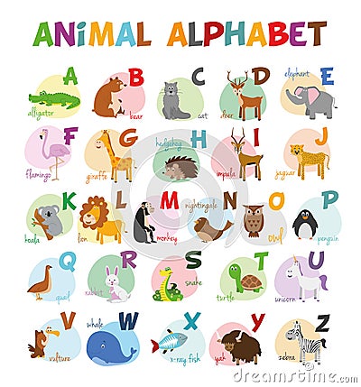 Cute cartoon zoo illustrated alphabet with funny animals. English alphabet. Vector Illustration