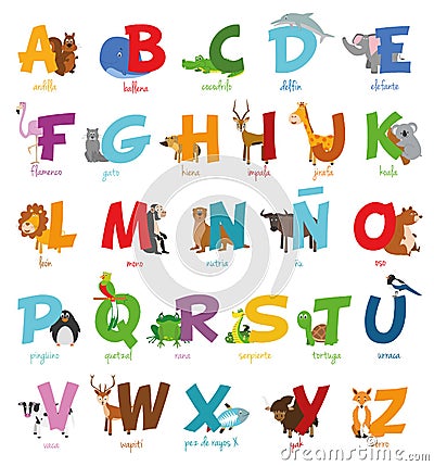 Cute cartoon zoo illustrated alphabet with funny animals. Spanish alphabet. Vector Illustration