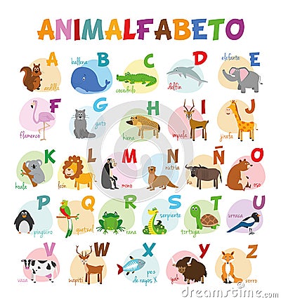 Cute cartoon zoo illustrated alphabet with funny animals. Spanish alphabet. Vector Illustration