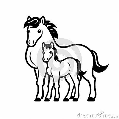 Cute Cartoonish Black And White Mare And Foal Illustration Cartoon Illustration