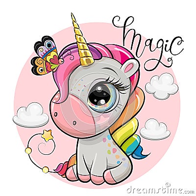 Cute Cartoonl unicorn with rainbow mane and clouds Vector Illustration