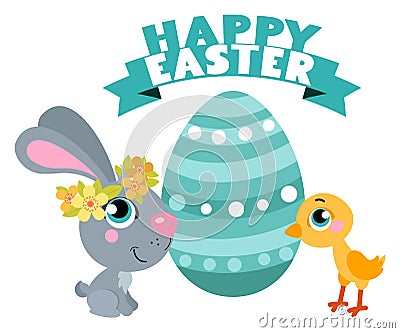 Cute cartoons Easter rabbit with chicken and egg. Suitable for Easter design. Vector Illustration