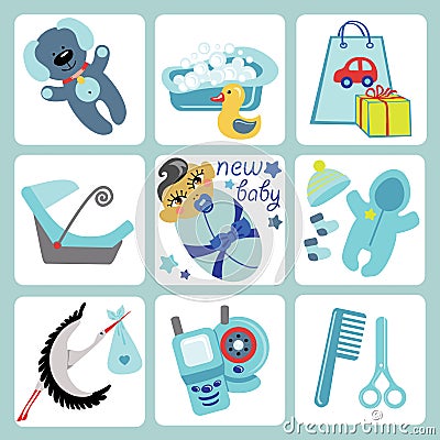 Cute cartoons icons for Asian baby boy.Newborn set Vector Illustration