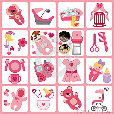 Cute cartoons icons for baby girl.Baby care set Vector Illustration