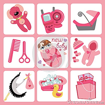 Cute cartoons icons for European baby girl.Newborn Vector Illustration