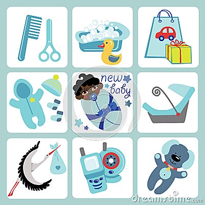 Cute cartoons icons for mulatto baby boy.Newborn s Vector Illustration