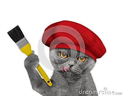 Cute cat as a painter with a brush. Isolated on white Stock Photo