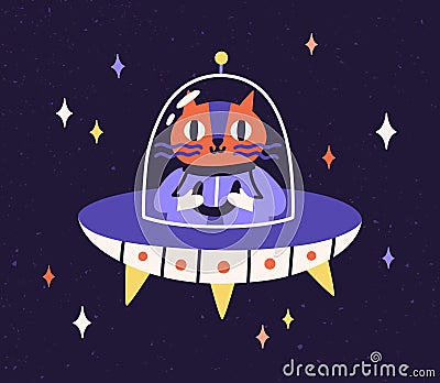 Cute cat astronaut traveling in outer space in intergalactic spaceship. Animal cosmonaut in flying saucer. Childish UFO Vector Illustration
