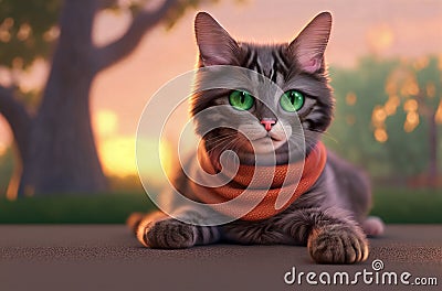 Cute cat with big green eyes in scarf at sunset. Beautiful pussycat lying on street in park. Generative AI. Stock Photo