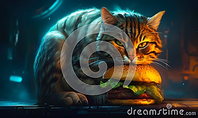 Cute cat with burger drawing. Design of funny cat with hamburger. Generative AI Stock Photo